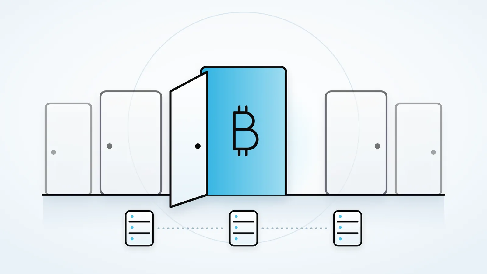 An open door with the Bitcoin symbol, other doors still closed beside it, all standing on three connected servers