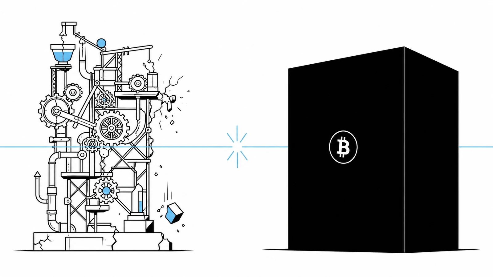 On the left, a fragile scaffolding of gears and pipes cracks and falls apart. On the right, a single unbreakable black monolith engraved with the Bitcoin symbol. A thin blue line separates them.