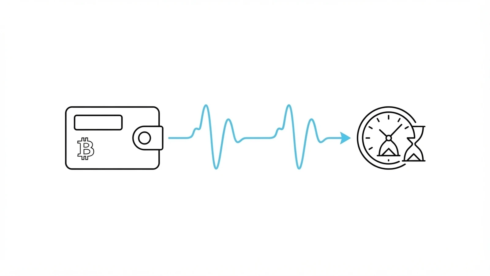 A Bitcoin wallet linked by a heartbeat line to a clock and an hourglass