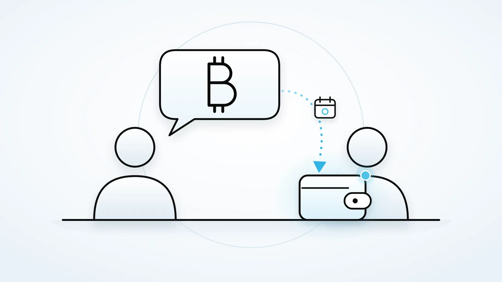 Two people talking at a table: a speech bubble with the Bitcoin symbol, and a dotted path through a calendar date to the heir's wallet