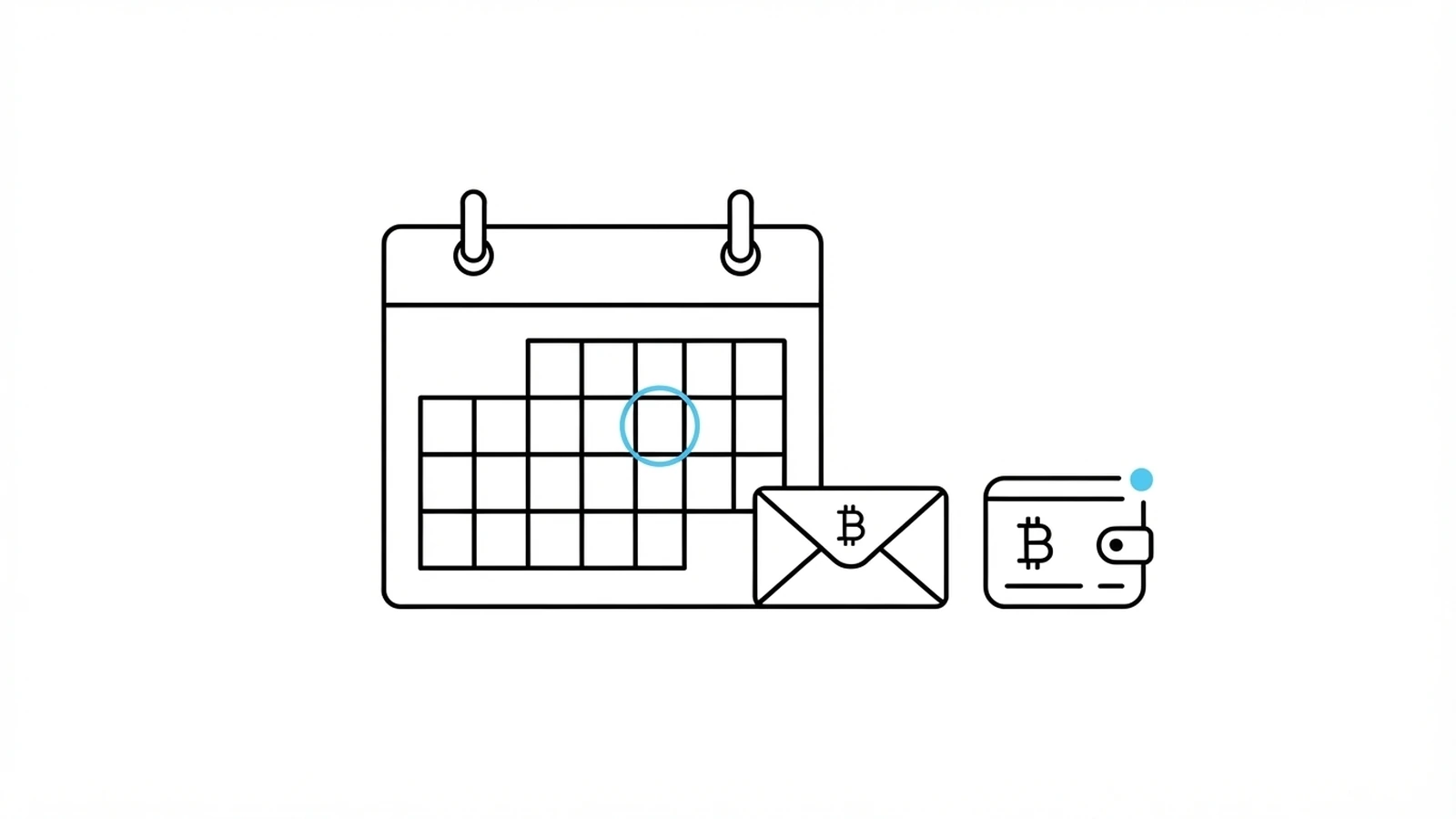 A calendar with one date circled, an envelope marked with the Bitcoin symbol, and a wallet showing a notification