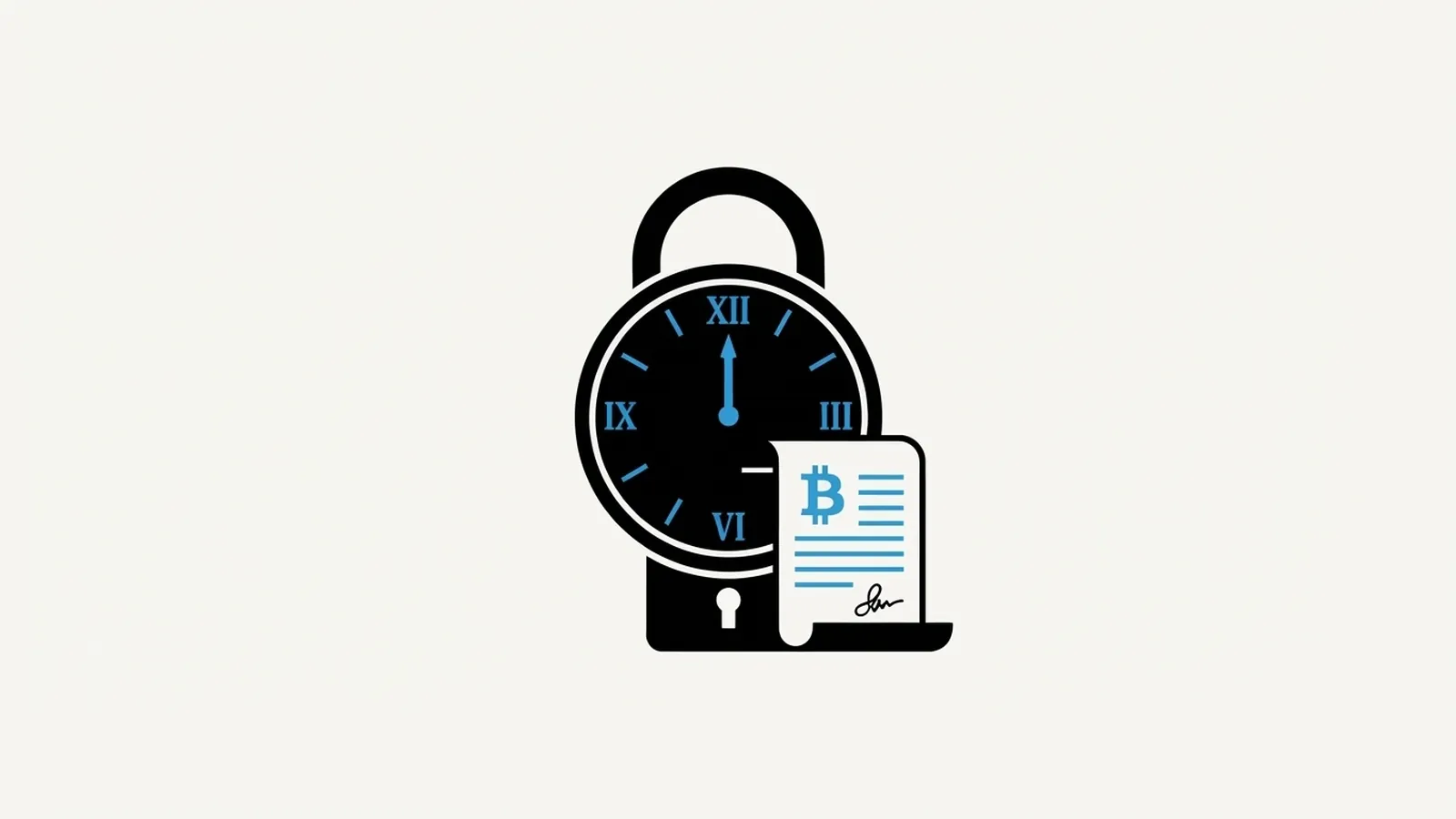 A padlock shaped like a clock holding a signed Bitcoin document