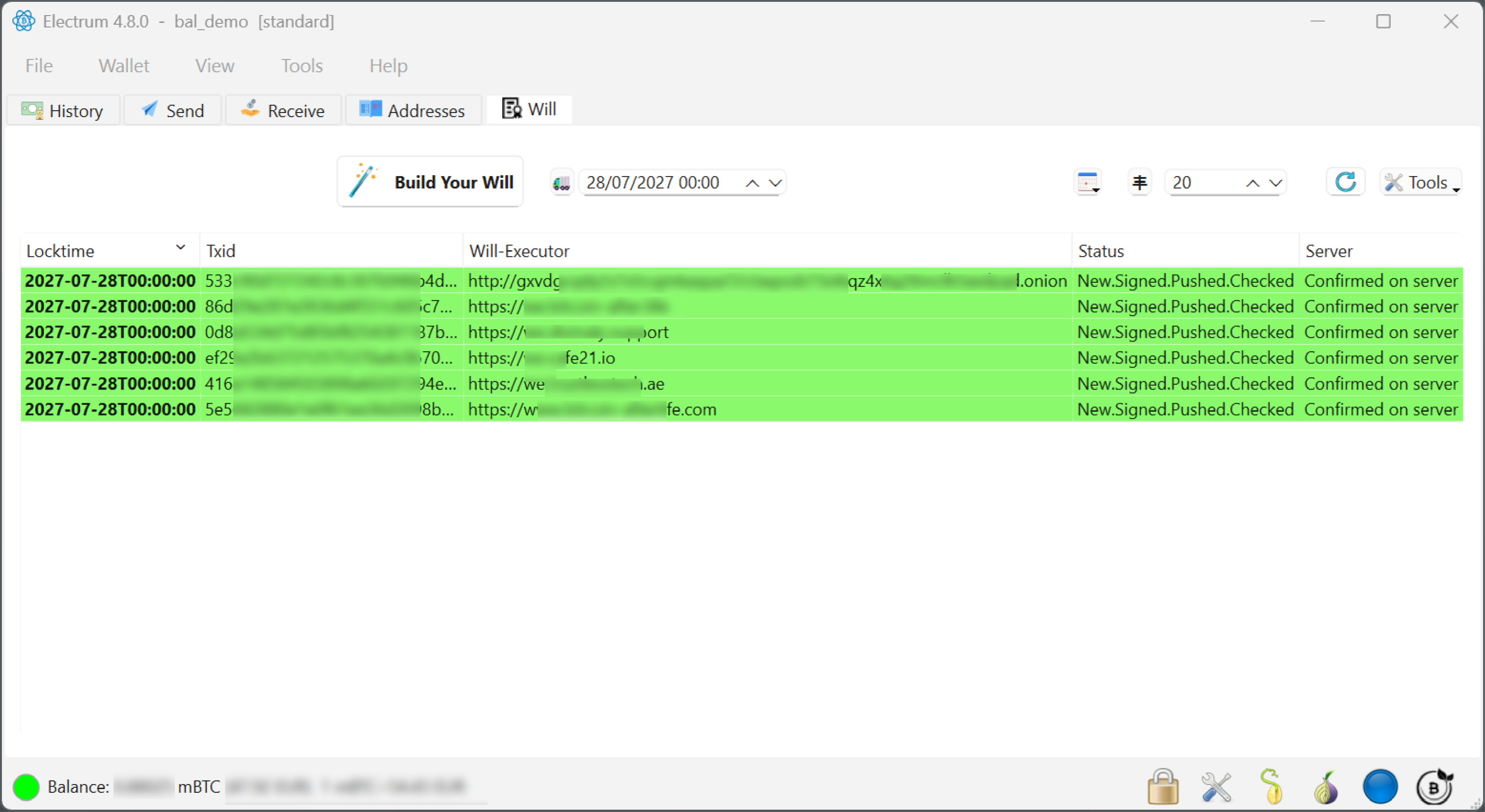 The WILL tab in the BAL Electrum plugin, showing an inheritance distributed across six Will-Executor servers