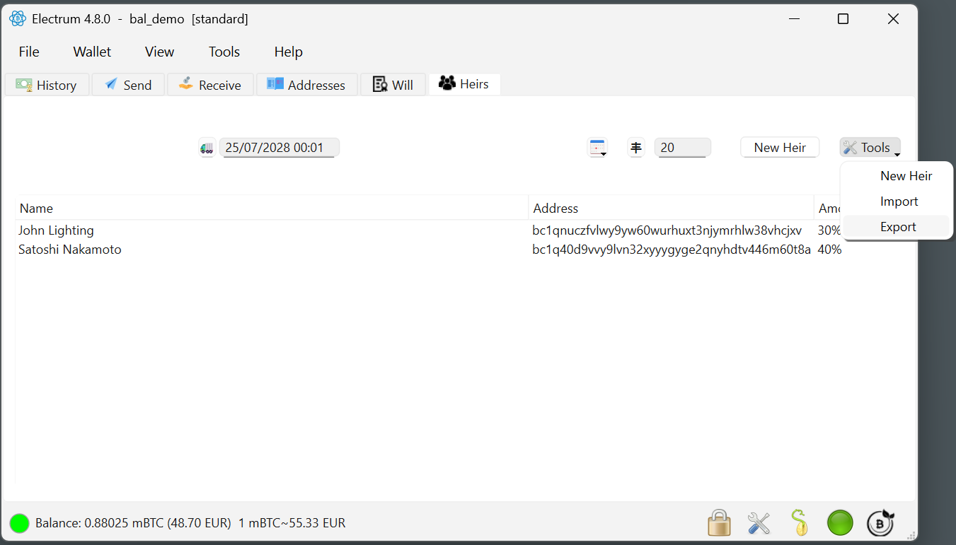 Exporting the heirs list