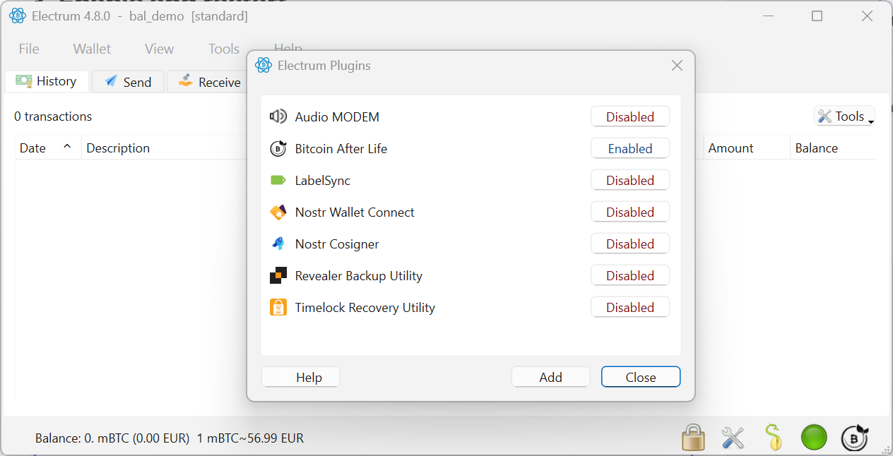Plugin list with Bitcoin After Life enabled