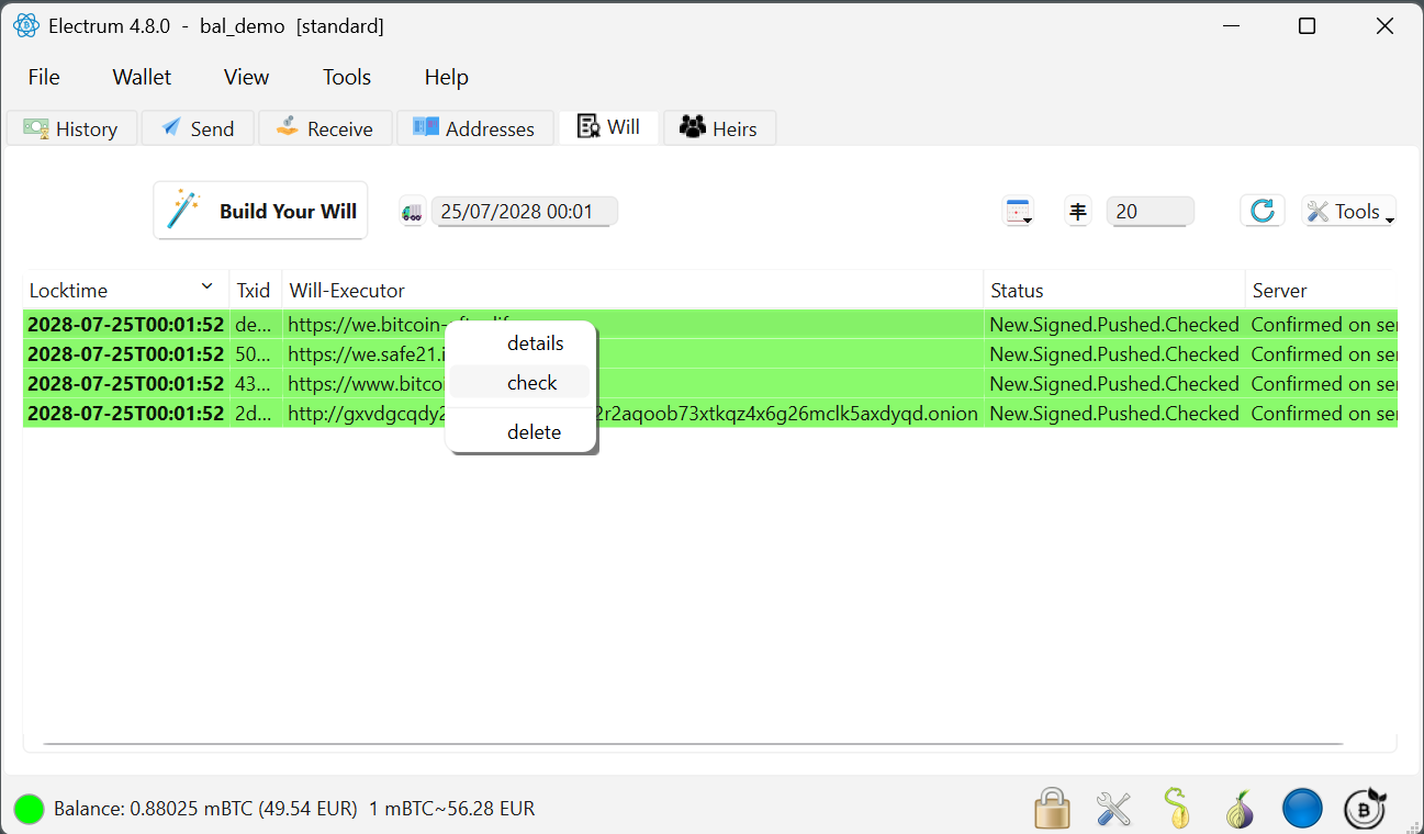 Right-click menu on a will transaction