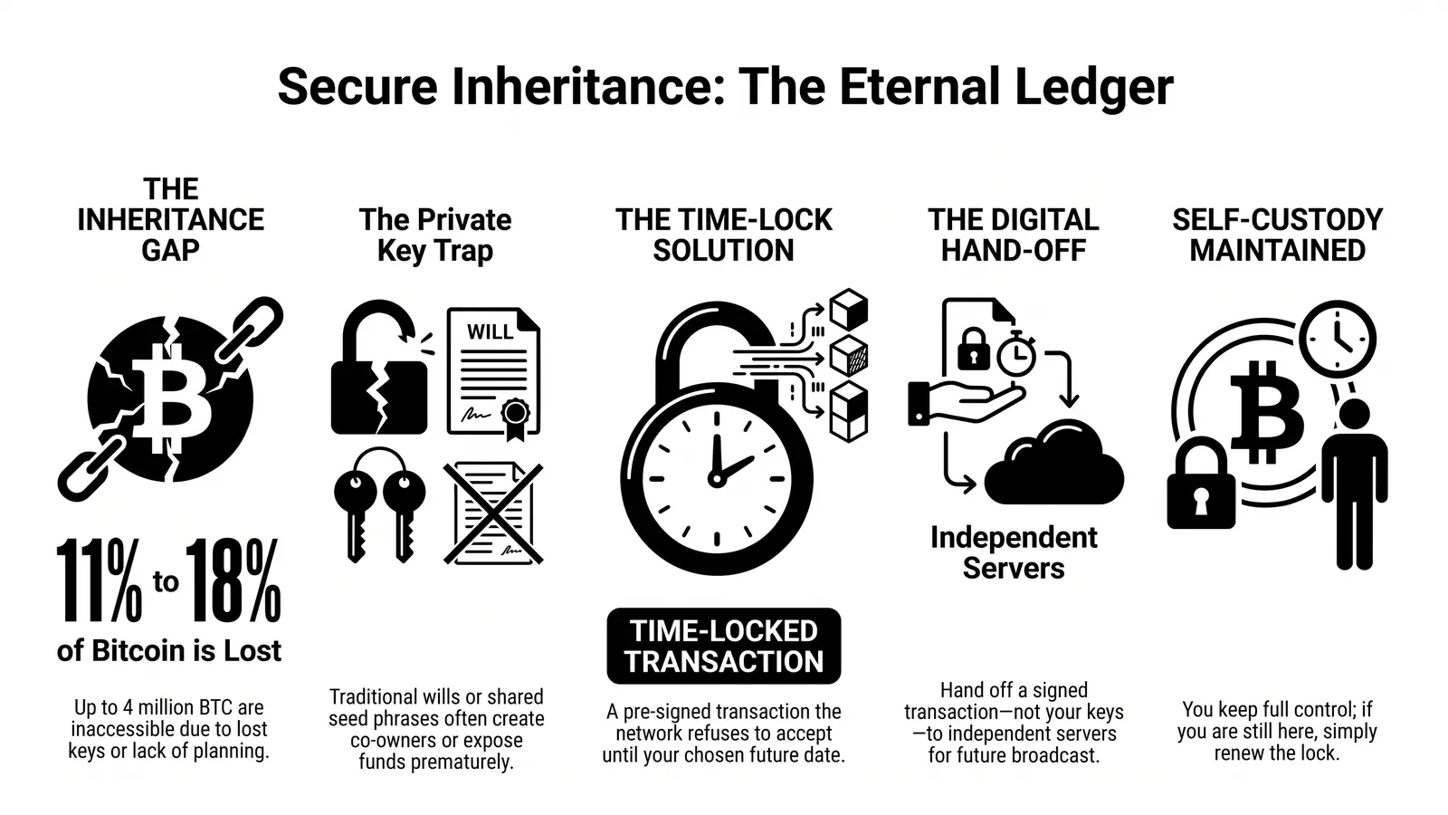 The Eternal Ledger — five steps from the inheritance gap to a time-locked handoff that keeps self-custody intact