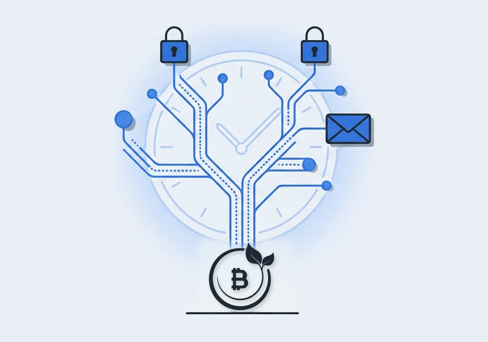 A tree of circuit branches growing from the Bitcoin After Life logo, with padlocks and an envelope at its tips and a clock behind it